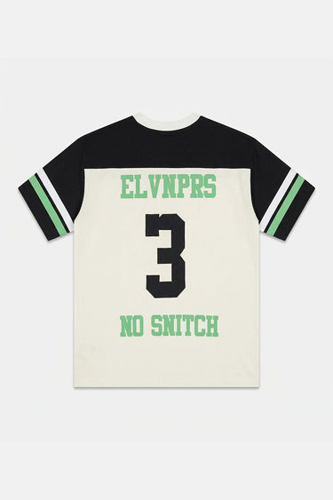 T-shirt Joinville Noir et écru à plat, vue de dos, inscriptions vertes ELVNPRS et No Snitch autour du numéro 3