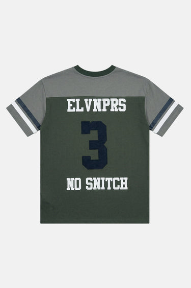 T-shirt Joinville Kaki bicolore à plat, vue de dos, inscriptions blanches ELVNPRS et No Snitch, numéro 3 bleu marine