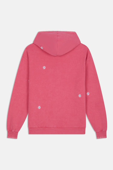 Sweat à capuche Josalyne Rose à plat, vue de dos, surpiqûres blanches aux poignets et marguerites brodées