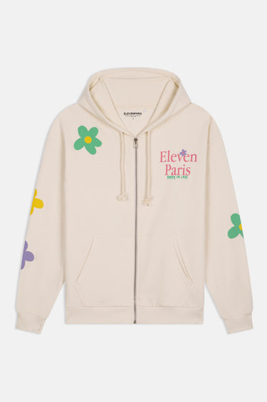 Sweat zippé à capuche Josie Écru à plat, vue de face, fleurs colorées sur les manches, inscription rose Eleven Paris