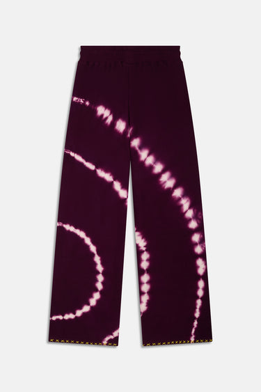 Jogging Journey Violet aubergine à plat, vue de dos, jambes larges à motif tie-dye rose et ourlet brodé