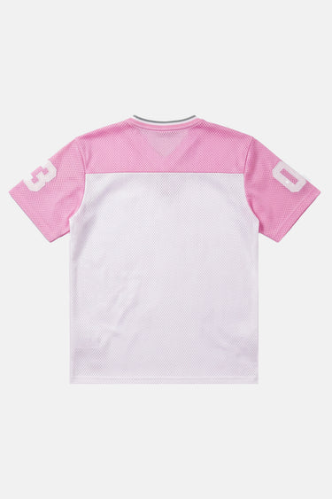T-shirt Jovann Écru en mesh à plat, vue de dos, empiècement rose sur les épaules et numéro 03 blanc sur les manches