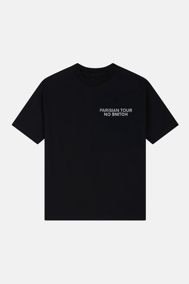 T-shirt Joy Noir vu de face à plat, inscription Parisian Tour No Snitch brodée sur la poitrine, fond blanc
