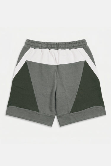 Short Judicael Kaki vu de dos à plat, panneaux gris, vert foncé et blanc, taille élastiquée