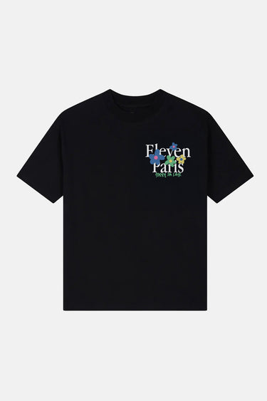 T-shirt Judith Noir vu de face à plat, logo Eleven Paris et fleurs colorées sur la poitrine, fond blanc