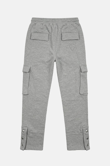 Jogging cargo Juede Gris Chiné vu de dos à plat, poches à rabat, boutons pression au bas des jambes