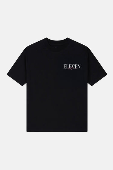 T-shirt Juicy Noir vu de face à plat, petit logo Eleven brodé blanc et rose sur la poitrine, fond blanc