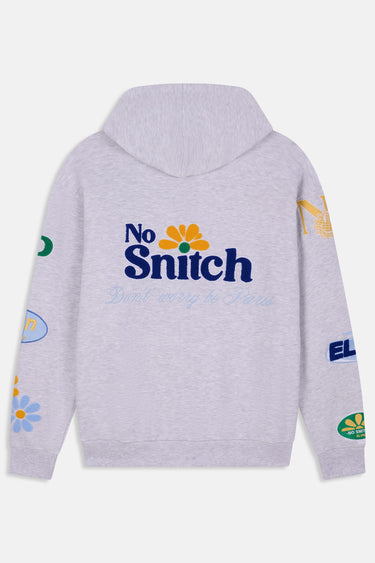 Sweat à capuche Jungle Gris Chiné vu de dos à plat, inscription No Snitch bleu marine avec fleur jaune, manches à patchs