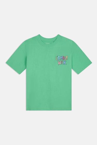T-shirt Jwin Vert menthe vu de face à plat, petite inscription multicolore L'amour win sur la poitrine, fond blanc