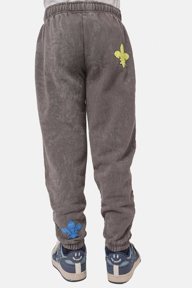 Jogging Finley Gris porté par un enfant, vue de dos avec fleur de lys jaune sur la fesse et bleue en bas de jambe