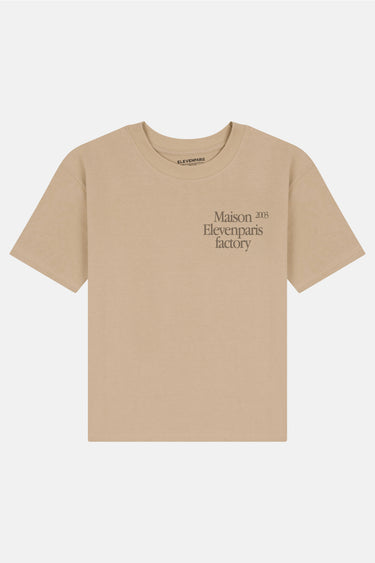 T-shirt Lys Beige à plat, vue de face avec inscription marron Maison Elevenparis factory sur la poitrine