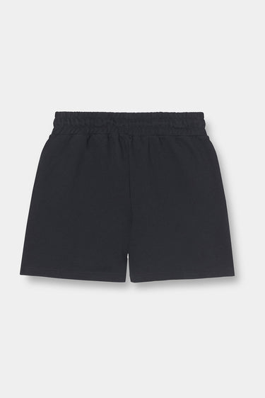 Short Maestro Noir à plat, vue de dos avec ceinture élastiquée et cordon noué, sans motif
