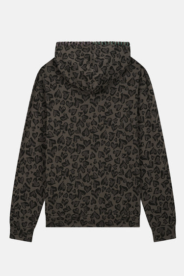 Sweat à capuche Moon Coeur Noir à plat, vue de dos avec imprimé de coeurs léopard gris foncé et noir
