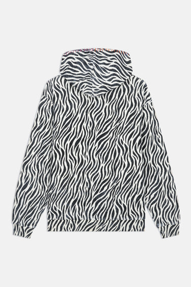Sweat à capuche Moon Zèbre à plat, vue de dos avec imprimé zèbre noir et blanc et liseré rouge sur la capuche
