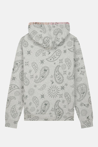 Sweat à capuche Moon Bandana Gris Chiné vu de dos à plat, imprimé cachemire gris et doublure de capuche rose