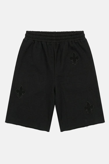 Short Ninon Noir vu de dos à plat, trois fleurs de lys noires brodées ton sur ton, taille élastiquée