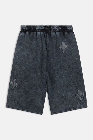 Short Ninon Noir délavé vu de dos à plat, effet délavé anthracite et deux fleurs de lys brodées
