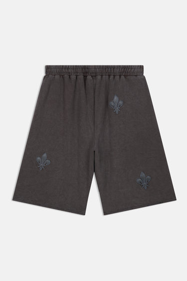 Short Ninon Gris charbon vu de dos à plat, trois fleurs de lys brodées ton sur ton, taille élastiquée