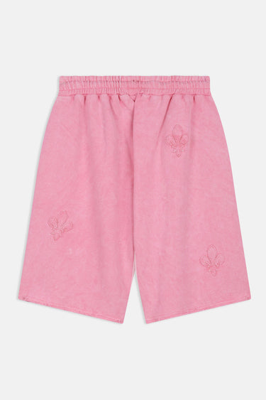 Short Ninon Rose vu de dos à plat, fleurs de lys en relief ton sur ton et taille élastiquée