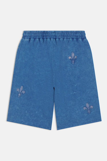 Short Ninon Bleu vu de dos à plat, effet délavé bleu moyen et trois fleurs de lys brodées