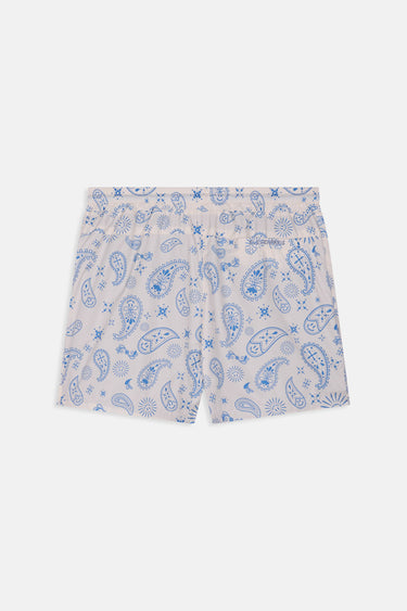 Maillot de bain short Jibby Écru à plat, vue de dos, motif cachemire bleu sur fond écru