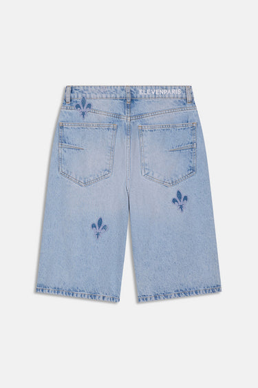 Short Jomo Bleu Jean à plat, vue de dos, poches arrière, inscription ELEVENPARIS au dos de la ceinture et fleurs de lys