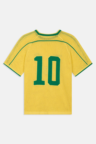 Maillot en maille Jbresil Jaune à plat, vue de dos, grand chiffre 10 vert, col vert et liseré sur les manches