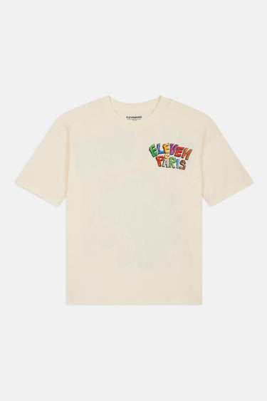 T-shirt Palerme Écru à plat, vue de face, logo Eleven Paris multicolore en lettres bulles sur la poitrine