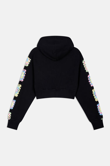 Sweat zippé à capuche court Pamela Noir à plat, vue de dos, manches ornées de fleurs crochetées irisées