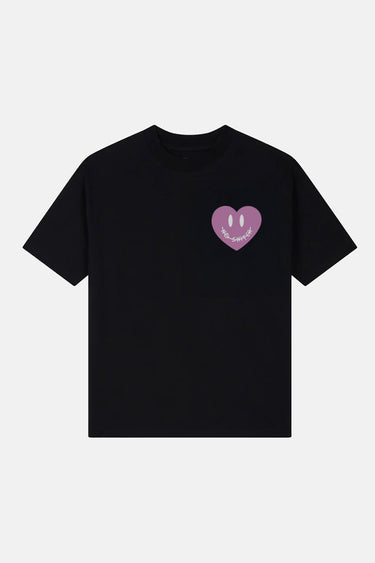 T-shirt Parma Noir à plat, vue de face, coeur lilas souriant sur la poitrine, col rond