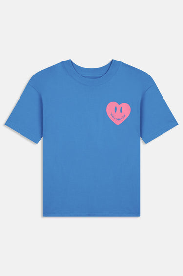 T-shirt Parma Bleu à plat, vue de face, petit coeur rose souriant sur la poitrine, col rond