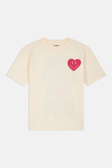 T-shirt Parma Écru à plat, vue de face, coeur fuchsia souriant sur la poitrine, col rond