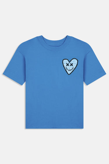 T-shirt Pinerolo Bleu de face à plat, petit coeur souriant en mosaïque bleu clair sur la poitrine