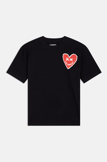 T-shirt Pinerolo Noir de face à plat, petit coeur rouge souriant à yeux en croix sur la poitrine