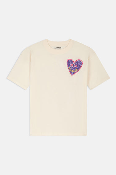 T-shirt Pinerolo Écru de face à plat, petit coeur souriant en mosaïque violet et rose sur la poitrine