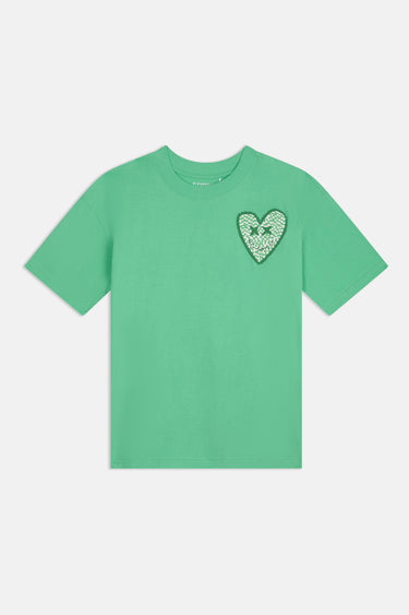 T-shirt Pinerolo Vert de face à plat, petit coeur souriant en damier vert et blanc sur la poitrine