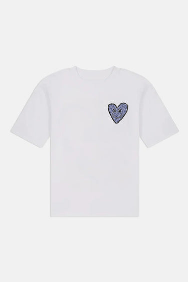 T-shirt Pinerolo Blanc de face à plat, petit coeur souriant en mosaïque bleu gris sur la poitrine