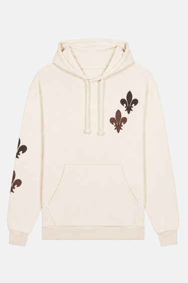 Sweat à capuche Poncho Écru de face à plat, poche kangourou, deux fleurs de lys marron brodées sur la poitrine et la manche