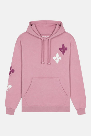 Sweat à capuche Poncho Rose de face à plat, poche kangourou, deux fleurs de lys violette et blanche sur la poitrine