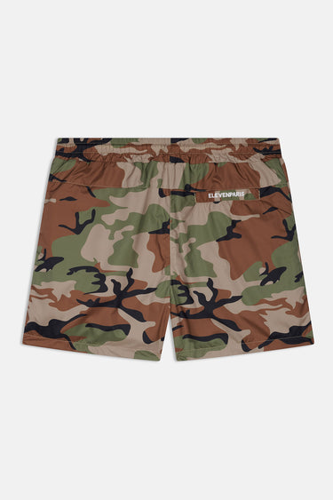 Short de bain Porquerolles Camouflage vu de dos à plat, étiquette Eleven Paris sur la ceinture, imprimé camouflage