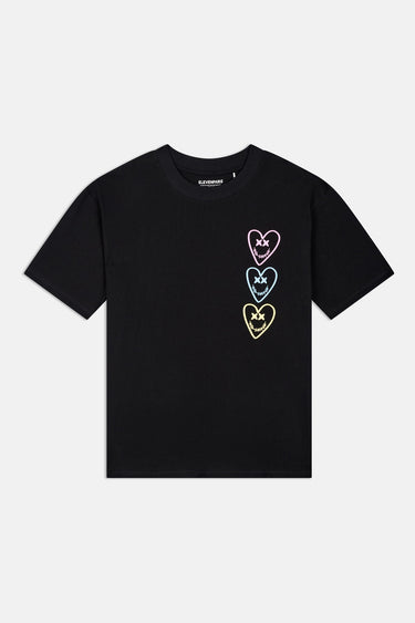 T-shirt Portofino Noir à plat, de face, trois cœurs aux yeux en croix empilés en pastel sur la poitrine