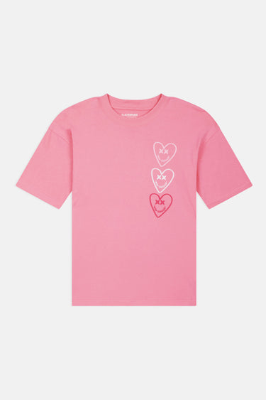 T-shirt Portofino Rose à plat, de face, trois cœurs aux yeux en croix empilés sur la poitrine