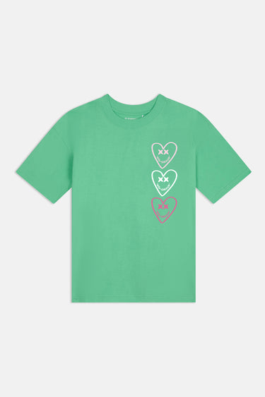 T-shirt Portofino Vert à plat, de face, trois cœurs aux yeux en croix empilés sur la poitrine