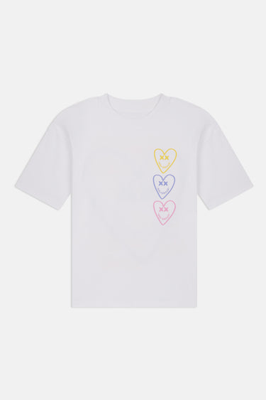 T-shirt Portofino Blanc à plat, de face, trois cœurs aux yeux en croix jaune, bleu et rose sur la poitrine