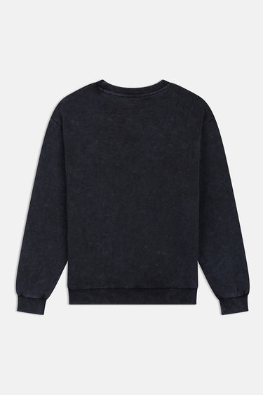 Sweat col rond Pozuelo Noir délavé à plat, vu de dos, uni, côtes au col, aux poignets et en bas
