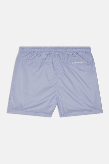 Short de bain Prado Bleu à plat, de dos, ceinture élastique et inscription Eleven Paris blanche