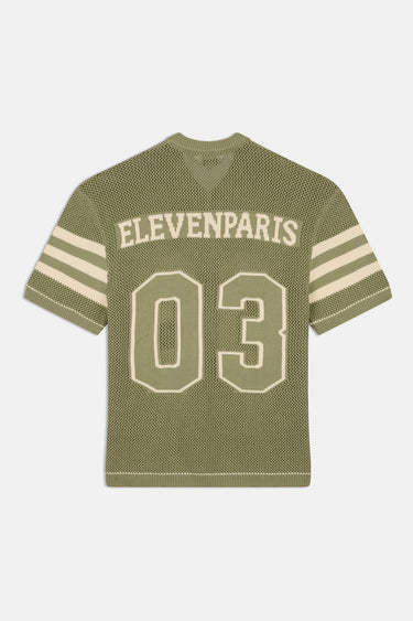 T-shirt Provence Kaki en maille ajourée à plat, de dos, inscription Elevenparis et numéro 03 crème