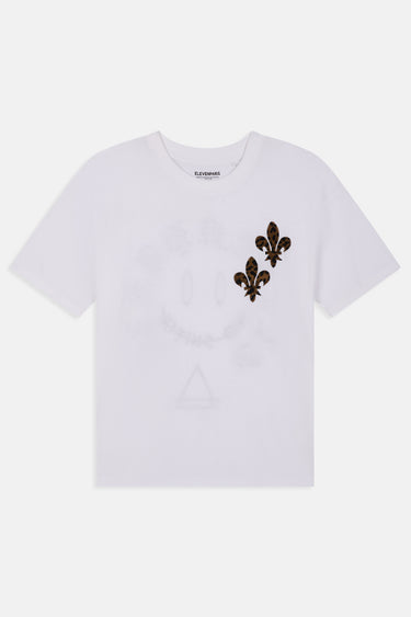 T-shirt Punky Blanc à plat, de face, deux fleurs de lys brodées noires à reflets dorés sur la poitrine