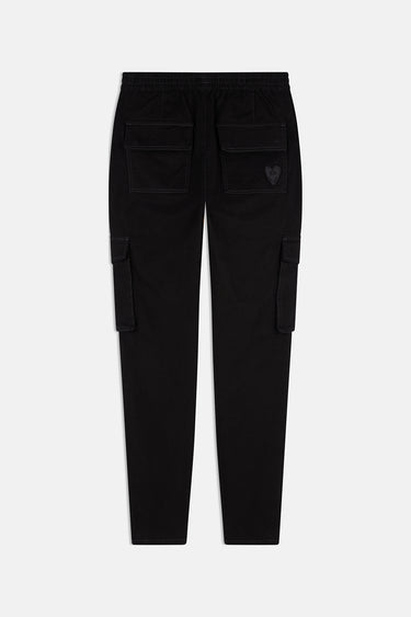 Pantalon cargo Suede Noir vu de dos à plat, poches à rabat et petit coeur brodé sur la poche arrière