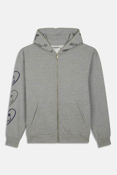 Sweat zippé à capuche Taiwan Gris Chiné vu de face à plat, coeurs dessinés sur les manches et la capuche